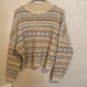 Cream and Gray Crew Neck Sweater with Fair Isle Pattern